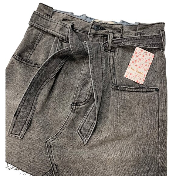 Free People Washed Black Denim Cut Off Button Fly East of Eden Belted Skirt 27 - Picture 2 of 8